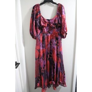 HUTCH Floral‎ Print Neck Midi Dress Purple Red Puffed Sleeve
